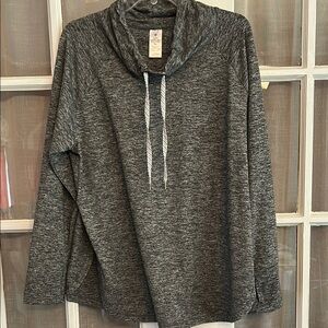 Gray Pullover Long Sleeve Athletic Top Shirt Funnel Cowl Neck with Drawstrings